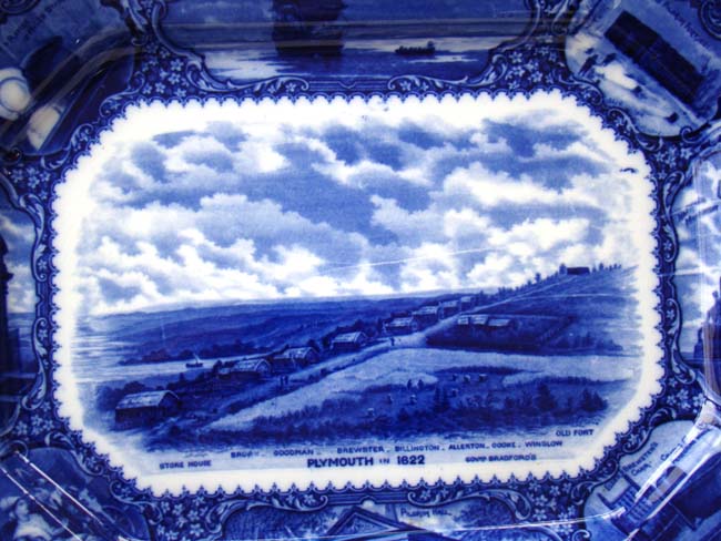 A beautiful blue transfer serving platter made in 1908 commemorating the Pilgrims, the Mayflower and the town of Plymouth, Massachusetts — image 2